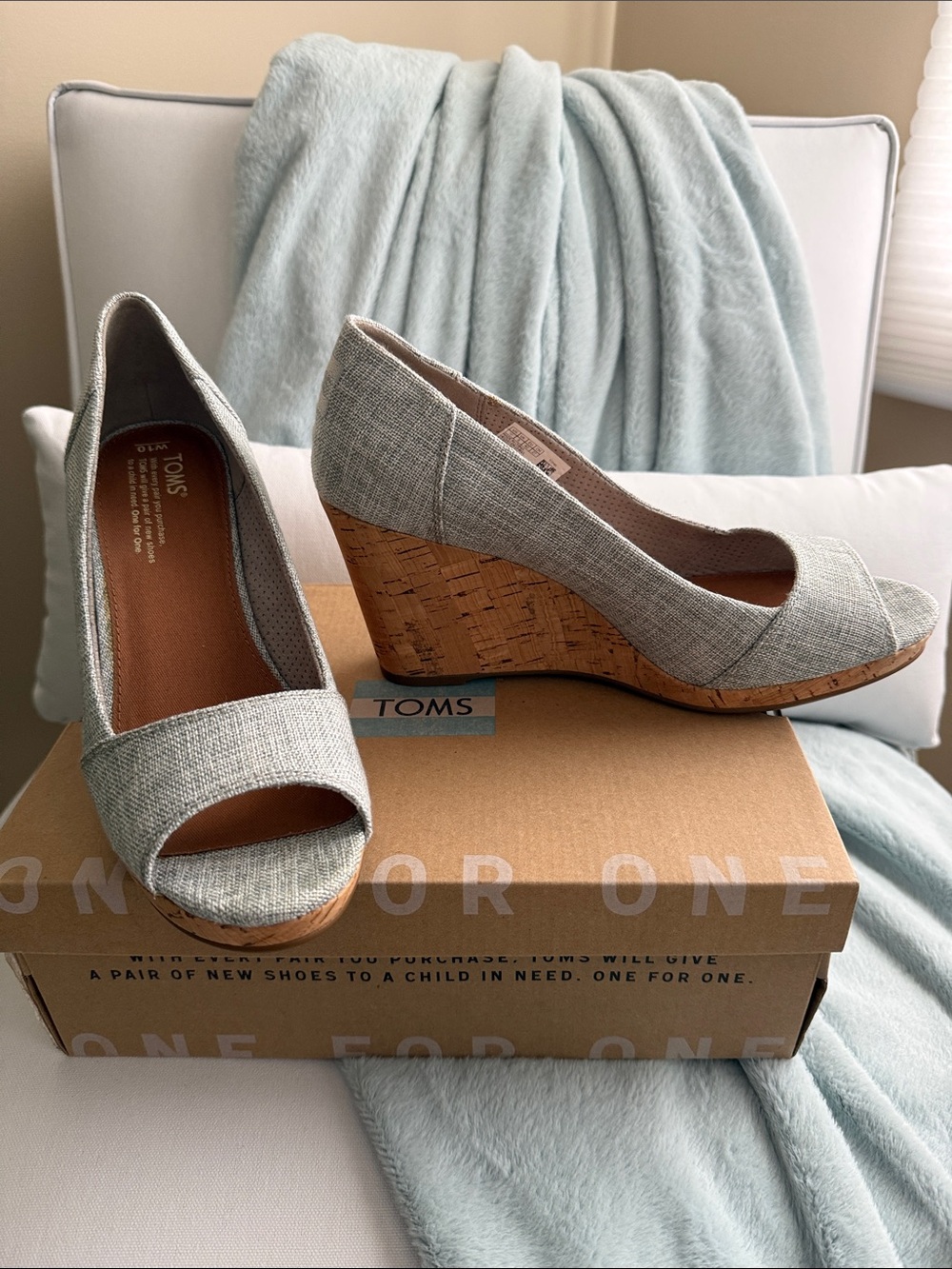 TOMS Light Denim Blue/grey Linen Peep-Toe Cork Wedge Heels
